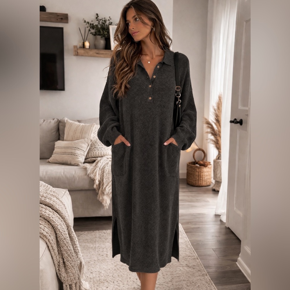 Like New NATURAL LIFE Ribbed Cotton Long Sleeve Midi Dress